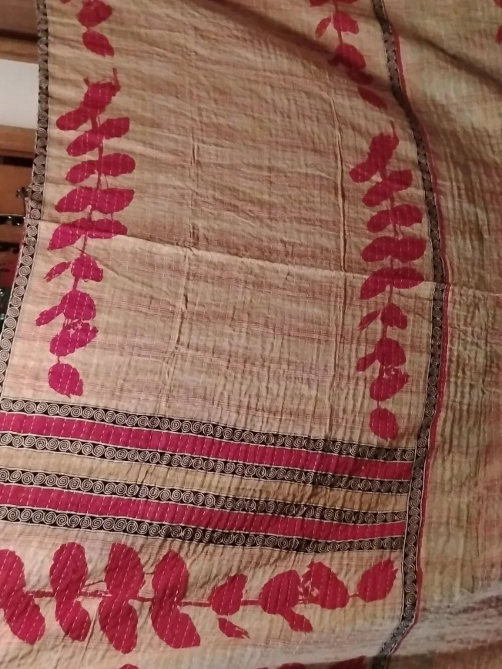 Kantha Quilt Tan Red 3 Layer Premium Soft Cotton Handmade In India New K185.